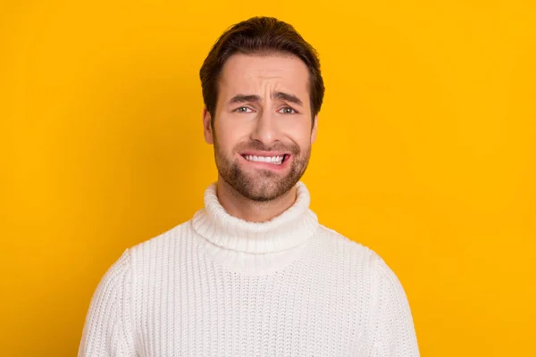Photo Nervous Horrified Guy Bite Lip Anticipate Problems Wear White — Stock Photo, Image