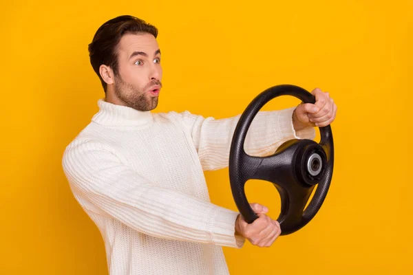 Profile Photo Crazy Funky Guy Hold Steering Wheel Rally Race — Stock Photo, Image