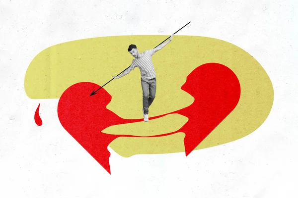 Collage 3d image of pinup pop retro sketch of young man balancing broken heart tightrope falling love .unreciprocated struggling break up.