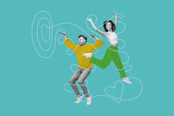 Collage Foto Van Jong Grappig Energiek Actief Dansen Paar Doodle — Stockfoto