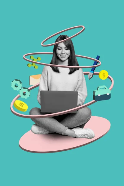 Retro Abstract Creative Artwork Template Collage Lady Working Samsung Apple — Stock Photo, Image