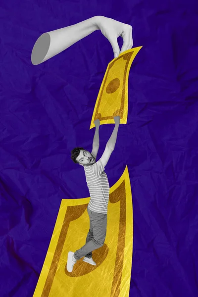Collage Créatif Vertical Image Chute Jeune Homme Suspendu Main Tenant — Photo