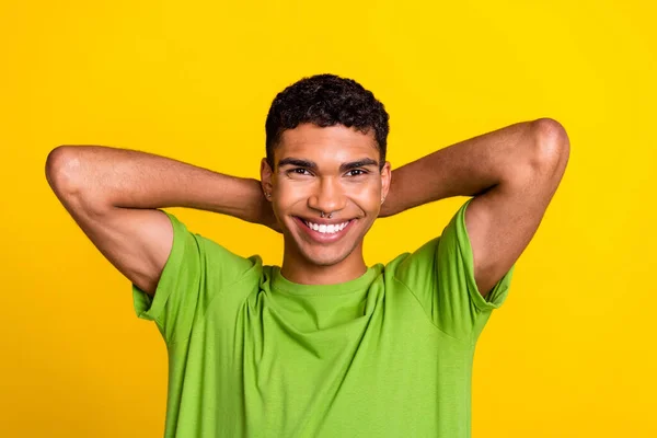 Photo Satisfied Glad Person Beaming Smile Arms Head Isolated Yellow — Stock Photo, Image