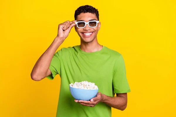 Photo Positive Cheerful Man Toothy Smile Hand Touch Glasses Hold — Stock Photo, Image