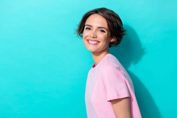 Closeup photo of young attractive cute gorgeous woman smiling toothy done whitening veneers isolated on cyan color background.