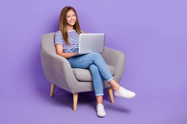 Full length photo of smart intelligent girl dressed striped t-shirt sit in armchair typing on laptop isolated on purple color background.