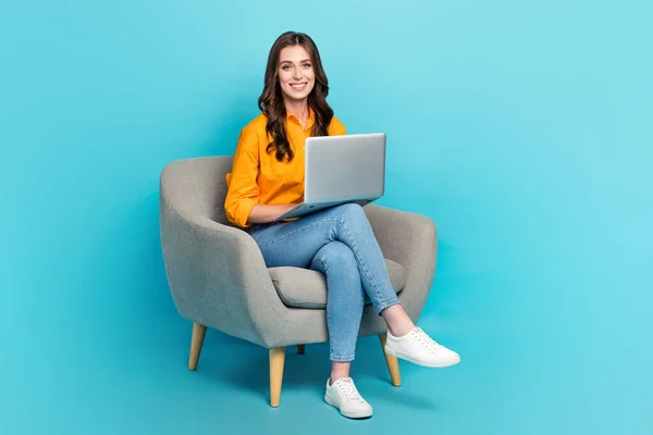 Full Length Portrait Positive Nice Person Sit Chair Use Wireless — Stock Photo, Image