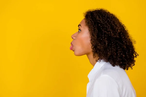 Perfil Lado Foto Feliz Positiva Bonita Senhora Cômica Mostrando Vara — Fotografia de Stock