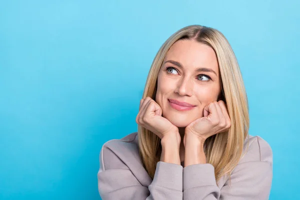 Close Photo Cute Nice Lady Hand Chin Interested Look Empty — Stock Photo, Image