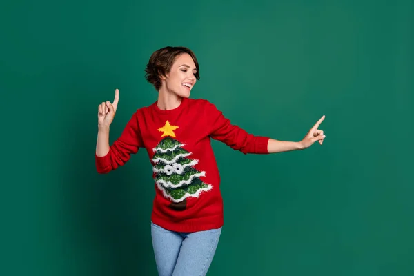 Photo Cheerful Excited Lady Have Fun Dancing Disco Holly Jolly — Stock Photo, Image