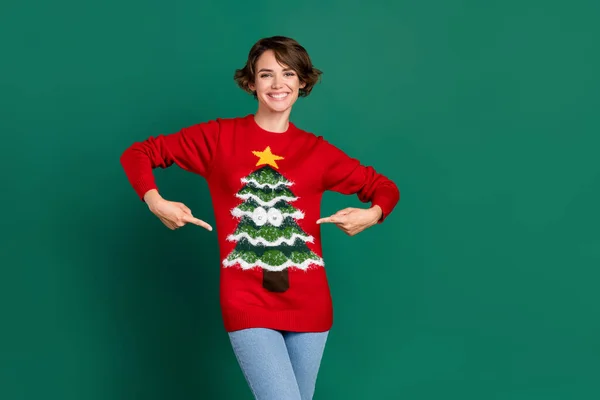 Photo Cheerful Positive Lady Demonstrate Red Ugly Jumper Clothes Satisfied — Stock Photo, Image