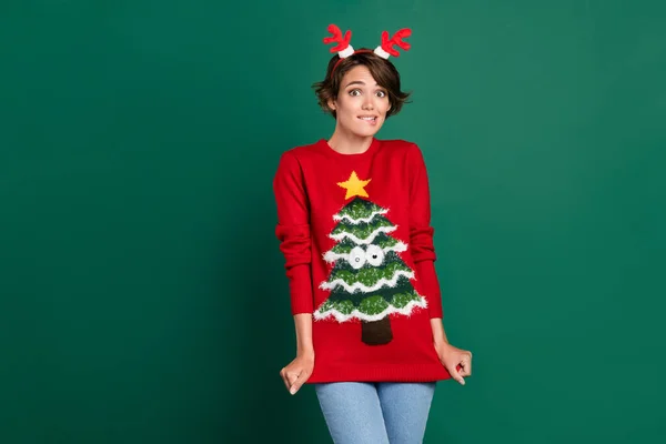 Photo Tricky Funny Lady Wear Red Sweater Horns Hair Band — Stock Photo, Image