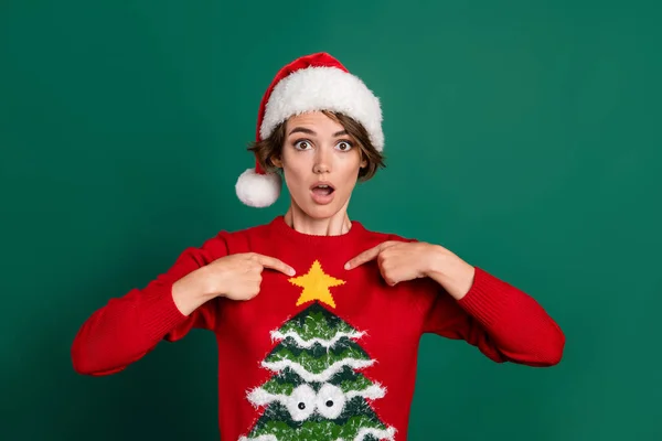 Portrait of impressed questioned girl open mouth indicate fingers herself isolated on green color background.