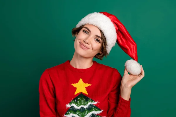 Photo Adorable Cheerful Lady Wear Red Sweater Headwear Holding Hand — Stock Photo, Image