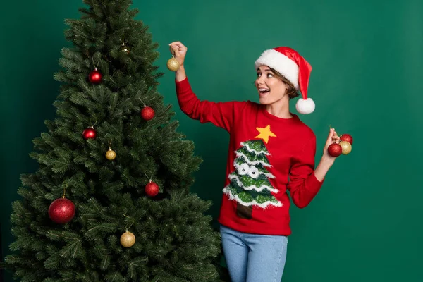 Photo Excited Pretty Lady Wear Red Sweater Headwear Hanging Tree — Stock Photo, Image