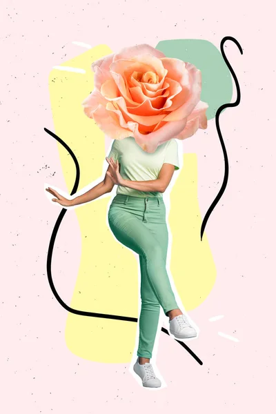 美しい若い女性の創造的な描画コラージュ写真代わりに頭のダンスが楽しいを持っているバラ8行進は新鮮さを感じますピンナップ3Dポップスケッチ — ストック写真