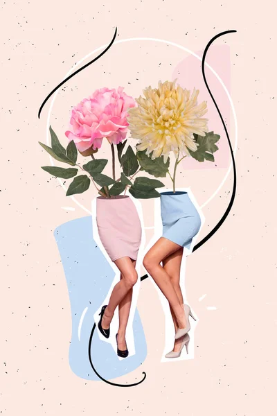Collage Composite Image Image Deux Jeunes Femmes Fleurs Lieu Tête — Photo