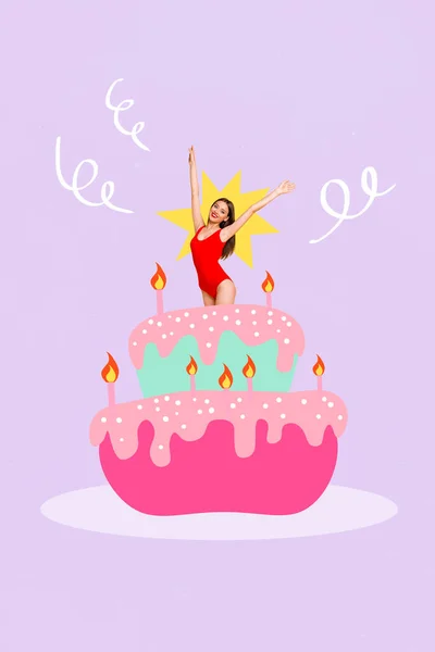 Creative Poster Collage Beautiful Lady Jumping Birthday Tasty Sweet Cake — Stock Photo, Image