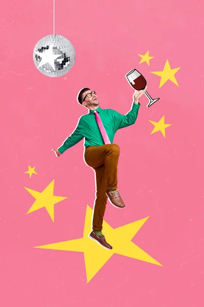 3d retro abstract creative artwork collage of funny funky man gentleman nerd enjoy friday weekend have fun disco ball party alcohol dancing.