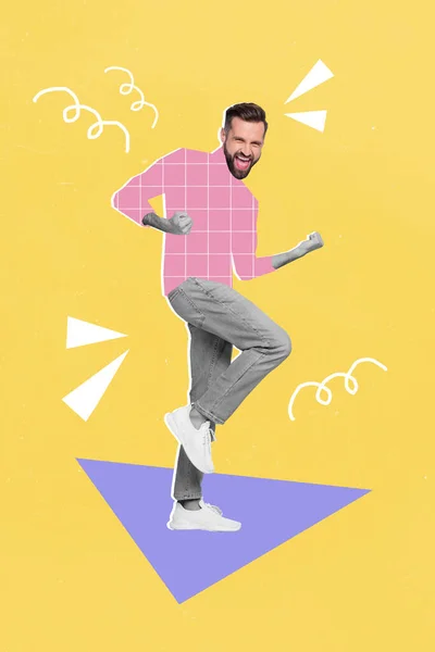 Vertical Image Créative Collage Positif Jeune Homme Dansant Gagnant Poings — Photo