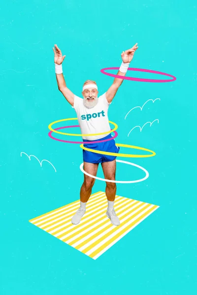Creative drawing collage picture of funny positive energetic retired old man sportswear fitness coach athlete gymnast rotate hulahoops.