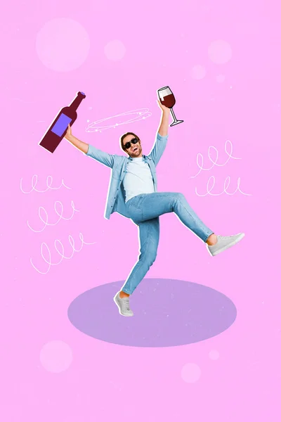 Colagem Composta Imagem Animado Engraçado Jovem Dançando Segurar Álcool Garrafa — Fotografia de Stock