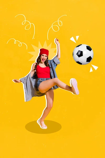 Collage Ilustraciones Gráficos Imagen Feliz Sonriente Dama Jugando Fútbol Aislado — Foto de Stock