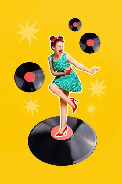 Collage Bild Pinup Pop Retro Skiss Leende Glad Dam Dans — Stockfoto