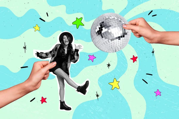 Creatieve Trend Collage Van Handen Houden Jonge Vrouw Dansen Disco — Stockfoto