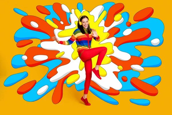 Творчий Абстрактний Шаблон Колаж Смішної Молодої Жінки Танцюючі Навушники Улюблений — стокове фото