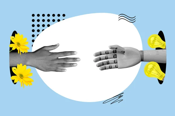 Kreatywne Zdjęcie Kolaż Ilustracja Uścisk Dłoni Ludzkich Dłoni Robotów Dłoni — Zdjęcie stockowe