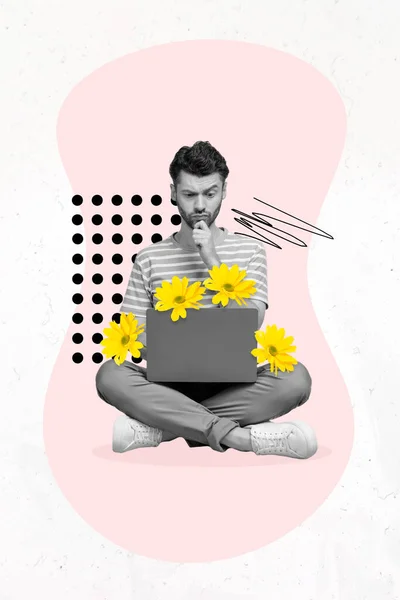花を選ぶ思慮深い男の排他的な雑誌の画像スケッチ画像オンラインデバイス孤立した絵画の背景 — ストック写真