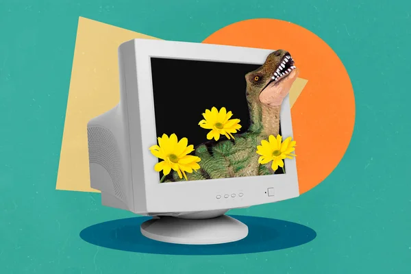 Collage 3d image of pinup pop retro sketch of scary dinosaur flowers inside oldshool monitor isolated painting background.