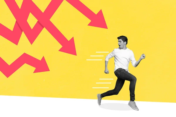 Creative photo collage illustration of handsome scared guy fast running from red dangerous arrows isolated on yellow color background.
