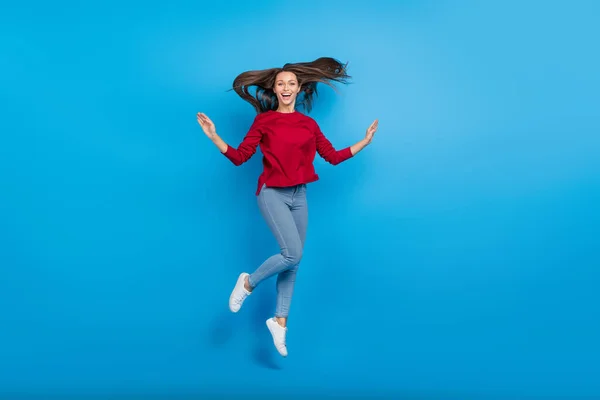 Full Length Photo Funny Millennial Lady Jump Wear Eyewear Shirt — Stock Photo, Image