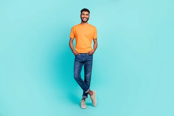 Full Length Photo Charming Attractive Man Dressed Orange Shirt Smiling — Stock Photo, Image