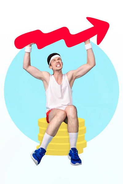 Collage 3d image of pinup pop retro sketch of purposeful sporty guy rising heave success arrow isolated painting background.