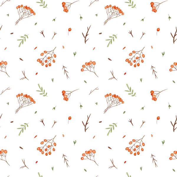 Seamless pattern of watercolor leaves and red berries hawthorn. — Stock Photo, Image