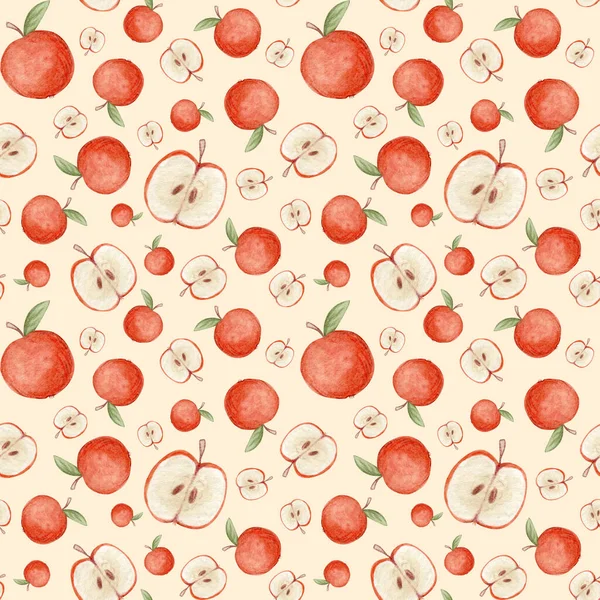 Płynny akwarelowy wzór czerwonych jabłek. Jasne owoce. Tło dla produktów ekologicznych, tekstyliów, tkanin, papieru. — Zdjęcie stockowe