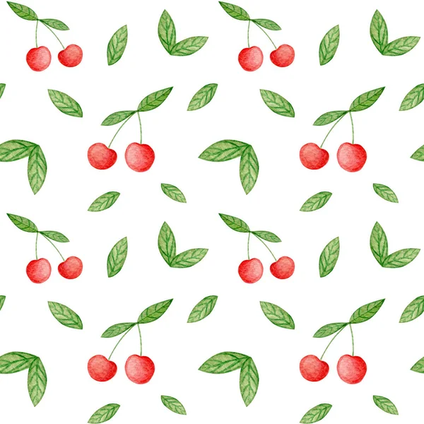 Sem emenda de cereja fruta com folhas aquarela ilustração. Padrão de fruta bonito desenhos animados, design plano para impressão de moda. — Fotografia de Stock