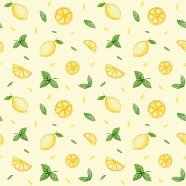 Sulu limon desenli suluboya. Meyvelerle çizilmiş şirin bir el..