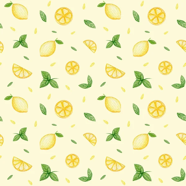 Watercolor seamless lemon pattern. Cute hand drawn with fruits. — Stock Photo, Image
