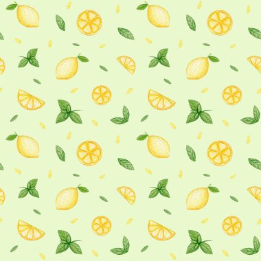 Sulu limon desenli suluboya. Meyvelerle çizilmiş şirin bir el..