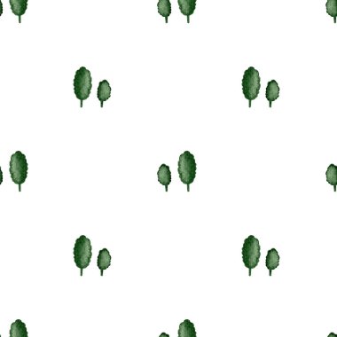 Beyaz arka planda yeşil ağaçla kusursuz bir desen. Tekstil, duvar kağıdı ve ambalaj kağıdının doğal tasarımı için ağaçlarla dizayn