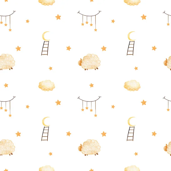 Seamless sweet dreams sheep animal pattern. Watercolor illustration with sheep, stars, clouds and moon.