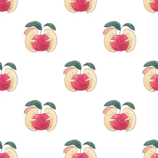 Worms Red Apple Watercolor Seamless Pattern White Background Illustration Warms — Stockfoto
