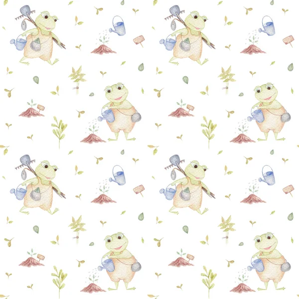 Watercolor seamless pattern with cute frogs in the garden, nature and agriculture. Farmer or gardener illustration.