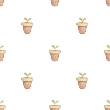 Kahverengi saksılarda ev bitkileriyle kusursuz desenler. Biberiye, bitkiler, soyut çiçekler, yapraklar ve yemyeşil yapraklar. Yazdırılabilir ürünler için suluboya çizimi beyaz arkaplanda izole edildi