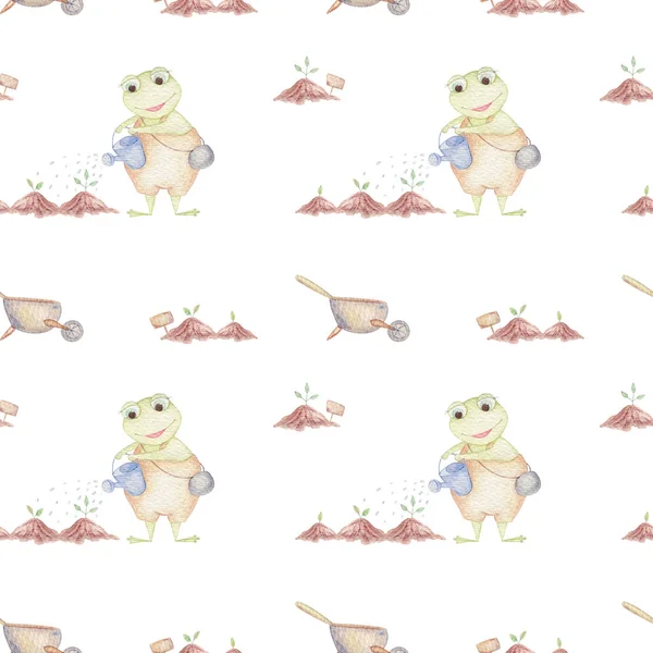 Watercolor seamless pattern with cute frogs in the garden, nature and agriculture. Farmer or gardener illustration.