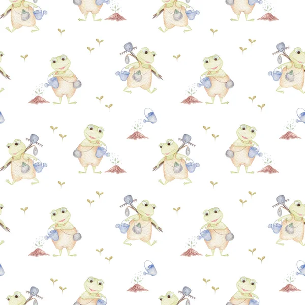 Watercolor seamless pattern with cute frogs in the garden, nature and agriculture. Farmer or gardener illustration.